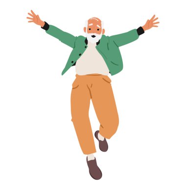 Beyaz arka planda izole edilmiş emeklilik vektörü illüstrasyonunda canlılık ve sağlıklı, aktif yaşam tarzını temsil eden havada zıplayan son sınıf beyaz saçlı çizgi film karakteri.