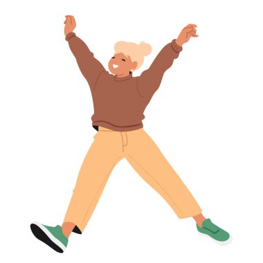 Mutlu genç kız çizgi film karakteri, beyaz arka planda izole edilmiş elleri havada havaya zıplıyor. Neşeli gençler duygusal olarak başarıyı, özgürlüğü ve enerji vektörü illüstrasyonunu kutluyor.