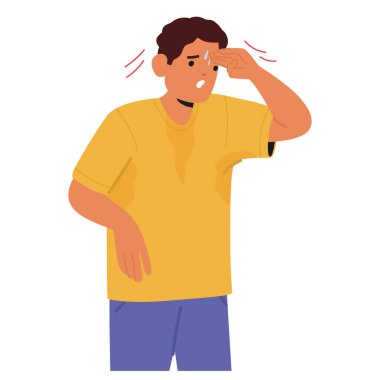 Stresli bir erkek çizgi film karakteri, beyazda izole edilmiş panik atak yüzünden terli alnından acı çekiyor. Anksiyetenin fizyolojik gerçekliği ve vücut stresi tepki vektörü çizimi