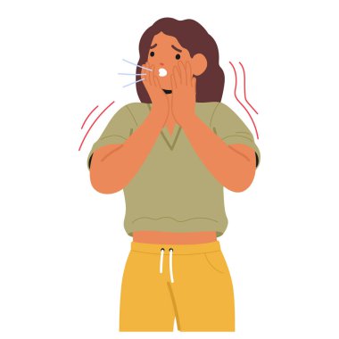 Stresli kadın karakteri, beyaz tenli, panik atak belirtileri olarak hızlı nefes alıyor. Nefes darlığı, hiperventilasyon ve anksiyete stres vektörü çizimi gösteren bir kadın.