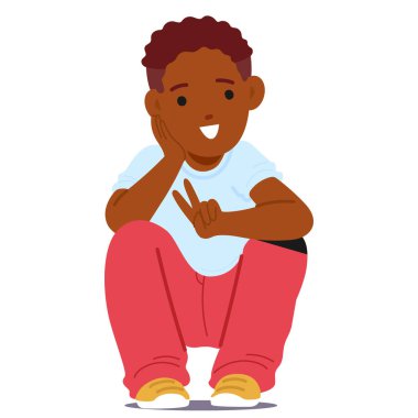 Gülümseyen çocuk anaokulu çocuk çizgi film karakteri yerde oturup V-işareti yaparak başarıyı ve pozitiflik vektörü çizimini gösteriyor. Beyazlar arasında dostça selamlaşmayı temsil eden çocuk