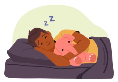 Oyuncak fille battaniyenin altında uyuyan ergen çocuk karakteri. Karikatür sahnesinde doldurulmuş hayvanlarla. Mutlu sağlıklı bir çocukluk, rahat bir uyku ve rahatlama vektörü çizimi