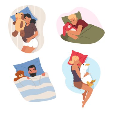 Yetişkin insanlar çizgi film karakterleri yatakta oyuncaklarla uyur rahatlar ve rahat uyku saatlerinin keyfini çıkarırlar. Erkek ve kadınlar zihinsel sağlık ve içsel çocuk huzur verici vektör illüstrasyonu için pelüşlerle dinleniyorlar.