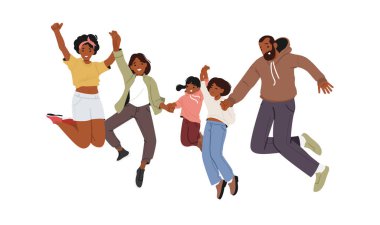 Neşeli aile çizgi film karakterleri beyaz arka planda el ele tutuşup yükseğe zıplıyorlar. Neşeli ebeveynler ve çocuklar sevinç ve heyecan vektörü illüstrasyonuyla kutlama yapıyorlar.