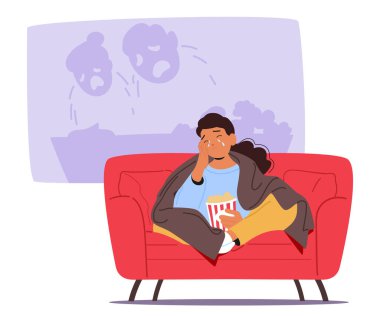 Genç bir kadın üzgün bir dram filmi sahnesini izlerken kanepede oturup ağlıyor. Kadın elinde patlamış mısır kovası tutuyor ve ev vektörü illüstrasyonunda kalp kırıcı sinema sahnesinde duygusal hissediyor.