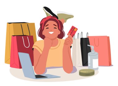 Genç kız çizgi film karakteri çevrimiçi alışveriş sırasında mal almak için kredi kartı kullanıyor. Güzel bir bayan, dijital pazardan dizüstü bilgisayar vektör illüstrasyonuyla kozmetik ve kıyafet alıyor.