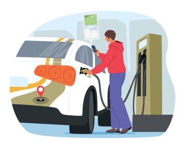 Benzin istasyonunda yakıt ikmali yapan araçtaki adam sürücü karakteri haritayı kontrol ederken, rotayı planlarken, yakıt verimliliğini hesaplarken ve yol gezisi karikatür olay yeri çizimi masraflarını hesaplarken akıllı telefon uygulaması kullanıyor.