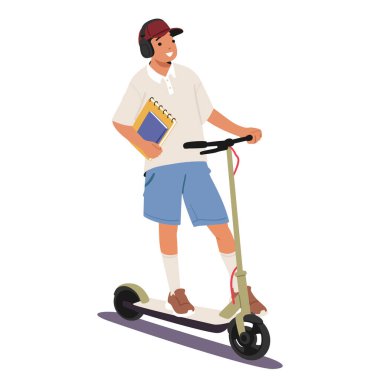 Sıradan bir genç adam çizgi film karakteri elektrikli scooter sürüyor ve öğrenci hayatı çiziminin tadını çıkarıyor. Modern şehir hareketliliğini, çevre dostu ulaşımı temsil eden tam boy portre.