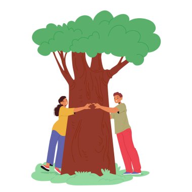 Mutlu sevgili çizgi film karakterleri büyüyen ve ayakları yere basan aşklarının sembolü olarak ağaca sarılıyorlar. Romantik erkek ve kadın karşılıklı vektör illüstrasyonunun gövdesini kucaklıyor.