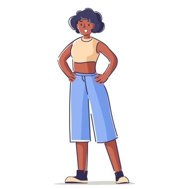 Sıradan bir kadın el çizimi karakteri, yüksek özsaygı, içsel güç, güç ve pozitif davranış vektörü çizimi ile parlıyor. Beyaz arka planda izole edilmiş bir kadın pozu.