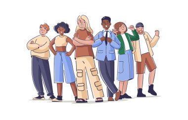 Güçlü vücut dili ve yüz ifadesi çizimi yoluyla özgüven, liderlik ve olumlu özgüven ifade eden çeşitli el çizimleri karakterler. İnsanların iç gücü ve başarısı