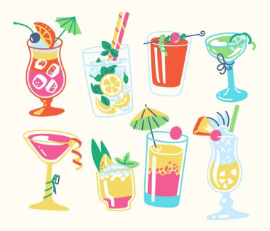 Bardakta tropikal garnitür, buz küpü, saman ve meyve dilimli kokteyl seti. İçki menüsü ve tatil posteri için yaz partisi havası. Vektör illüstrasyonu