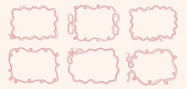 Kıvrımlı kenarlı şerit çerçeve ve el yapımı yay aksanı. Etiket, tebrik kartı, albüm ve düğün kırtasiyesi için ideal. Vektör illüstrasyonu