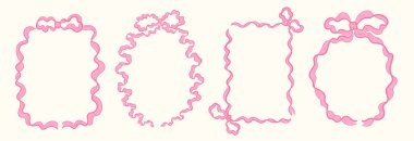 Ribbon frame set with bow accents and wavy border for greeting card, wedding invite, and gift tag. Decorative outline with sketch detail and elegant vibe. Vector illustration