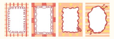 Çerçeve, davetiye, tebrik, hatıra defteri ve kart maketi için şerit sınırına ve karalama kenarına ayarlandı. El çizimi, ilginç satır çalışması ve metin için boşluk. Vektör illüstrasyonu