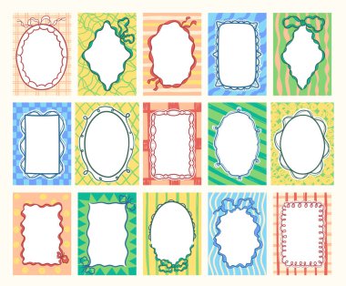 Kaprisli karalama kenarları ve kart ve etiket kullanımı için çeşitli şekiller içeren çerçeve. Şakacı kurdele ve deniz tarağı detaylarıyla el çizimi işi. Vektör illüstrasyonu