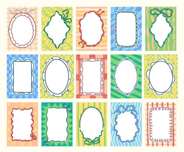 Kaprisli karalama kenarları ve kart ve etiket kullanımı için çeşitli şekiller içeren çerçeve. Şakacı kurdele ve deniz tarağı detaylarıyla el çizimi işi. Vektör illüstrasyonu