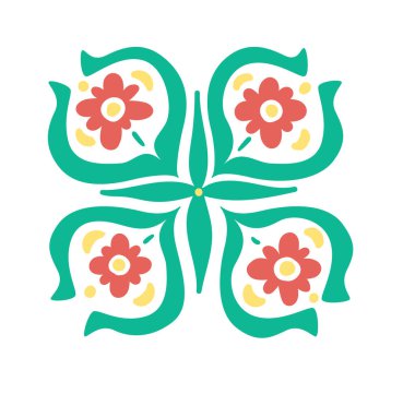 Çiçek kiremit bir halk motifinde dört taç yaprağı ve çiçek motifleriyle simetrik bir süs oluşturur. Geometrik eğriler temiz bir dekoratif desen oluşturur. Vektör illüstrasyonu