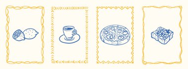 Limonlu yemek ikonları, kahve, pizza, ve süs çerçevelerinin içinde pasta, taslak çizimi ile el çizimi. Kafe ve fırın için geçmişe dönük menü konsepti. Vektör illüstrasyonu