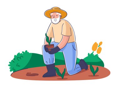 Eldiven ve şapkayla diz çöken bahçıvan toprağa, çalılara ve çiçeklere genç bir filiz dikiyor. Büyüme, bakım, eko yaşam tarzı ve tarım başarısının sembolü. Çizgi film vektör illüstrasyonu.