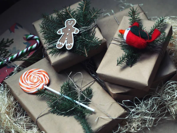 Rustic Christmas Gift Wrapping Christmas Gift Boxes View — Stockfoto