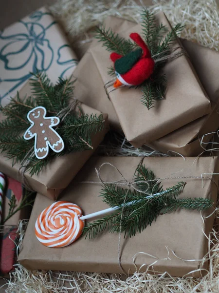 Rustic Christmas Gift Wrapping Christmas Gift Boxes View — Stockfoto