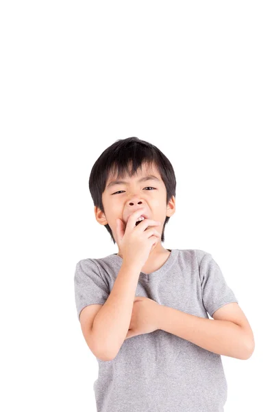 Exhausted young boy yawning isolated on white background — Stock Photo, Image