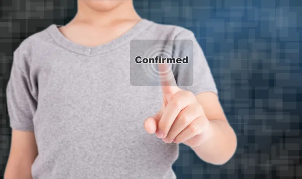 Human hand pressing virtual button "confirm" on virtual touchscr — Stock Photo, Image