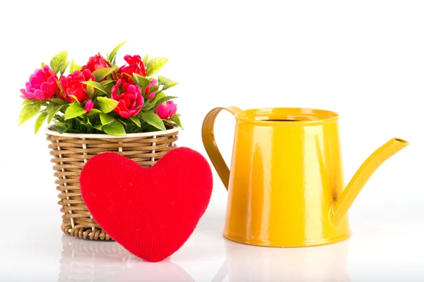 Watering can with flowers and red heart — Stock Photo, Image