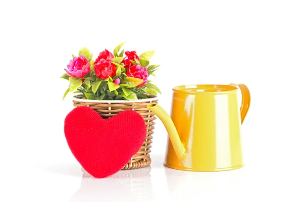 Watering can with flowers and red heart — Stock Photo, Image