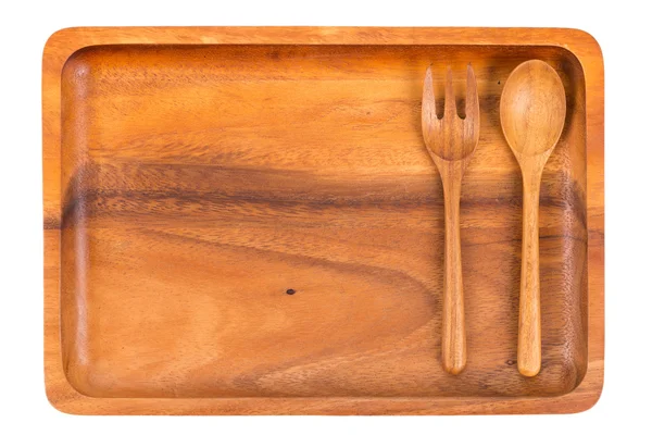 Placa de madera con cuchara y tenedor aislados sobre fondo blanco —  Fotos de Stock