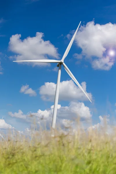 Ферма ветряных турбин с солнечным светом — стоковое фото