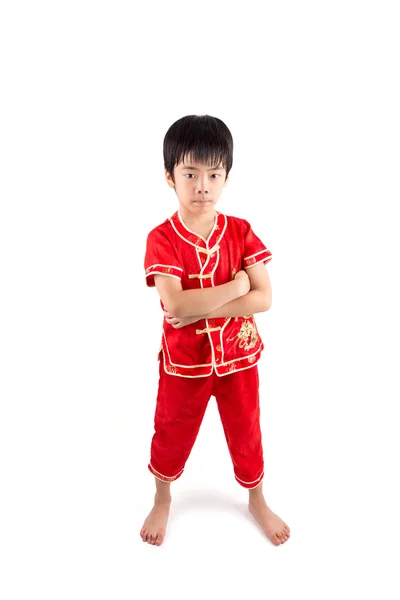 Cute Asian Boy In Tradition Chinese Cheongsam Isolated On White — Stock Photo, Image