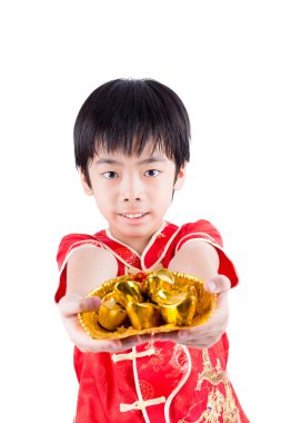 Gelenek Çin Cheongsam beyaz izole şirin Asyalı çocuk 