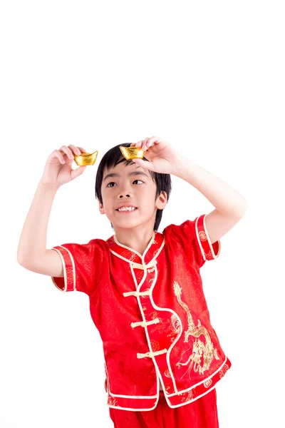 Cute Asian Boy In Tradition Chinese Cheongsam Isolated On White — Stock Photo, Image