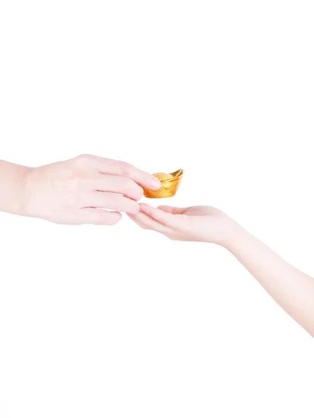 Adult's Hand Giving A Chinese Gold Isolated On White Background — Stock Photo, Image