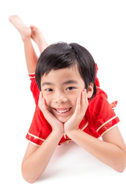 Gelenek Çin Cheongsam beyaz izole şirin Asyalı çocuk 