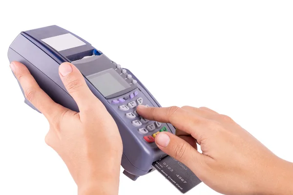 Mão humana com máquina de cartão de crédito isolado em fundo branco — Fotografia de Stock