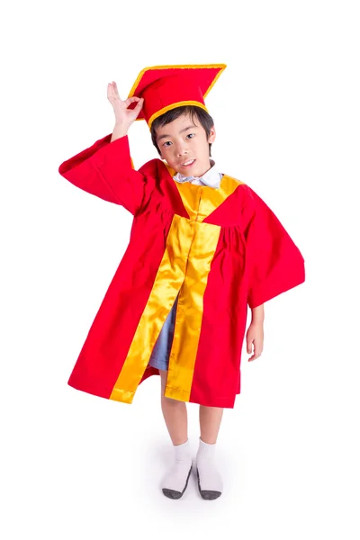 Cute Little Boy Wearing Red Gown Kid Graduation With Mortarboard — Stock Photo, Image