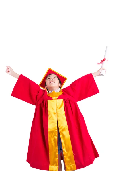 Söt liten pojke klädd i röd klänning Kid examen med Mortarboard — Stockfoto