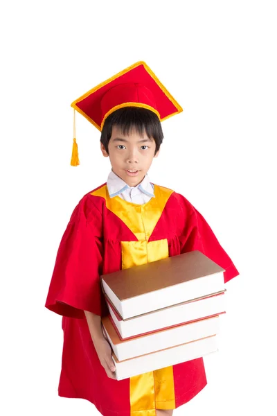 Cute Little Boy Wearing Red Gown Kid Graduation With Mortarboard Stock Photo
