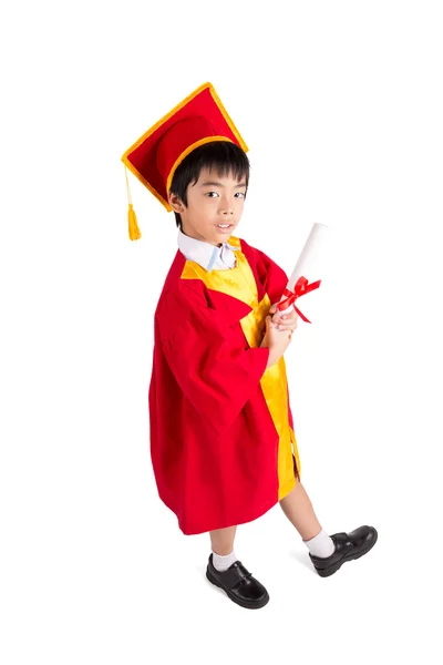 Cute Little Boy Wearing Red Gown Kid Graduation With Mortarboard Stock Picture