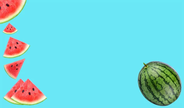 Closeup Some Pieces Refreshing Watermelon Bule Background Fruit Vitamin Beta — Stock Photo, Image