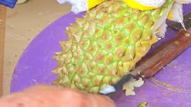 Bir satıcı sarı etli ve büyük, lezzetli tohumlu bir Mon Thong Durian açıyor. Tayland 'ın meyve kralı.