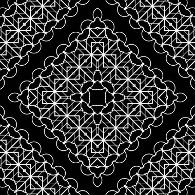 Kusursuz dekoratif dantel desenli. Soyut elmas monokrom arka plan. Vektör sanatı