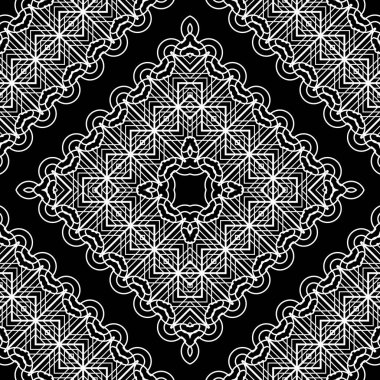 Kusursuz dekoratif dantel desenli. Soyut elmas monokrom arka plan. Vektör sanatı