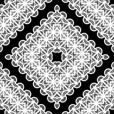 Kusursuz dekoratif dantel desenli. Soyut elmas monokrom arka plan. Vektör sanatı