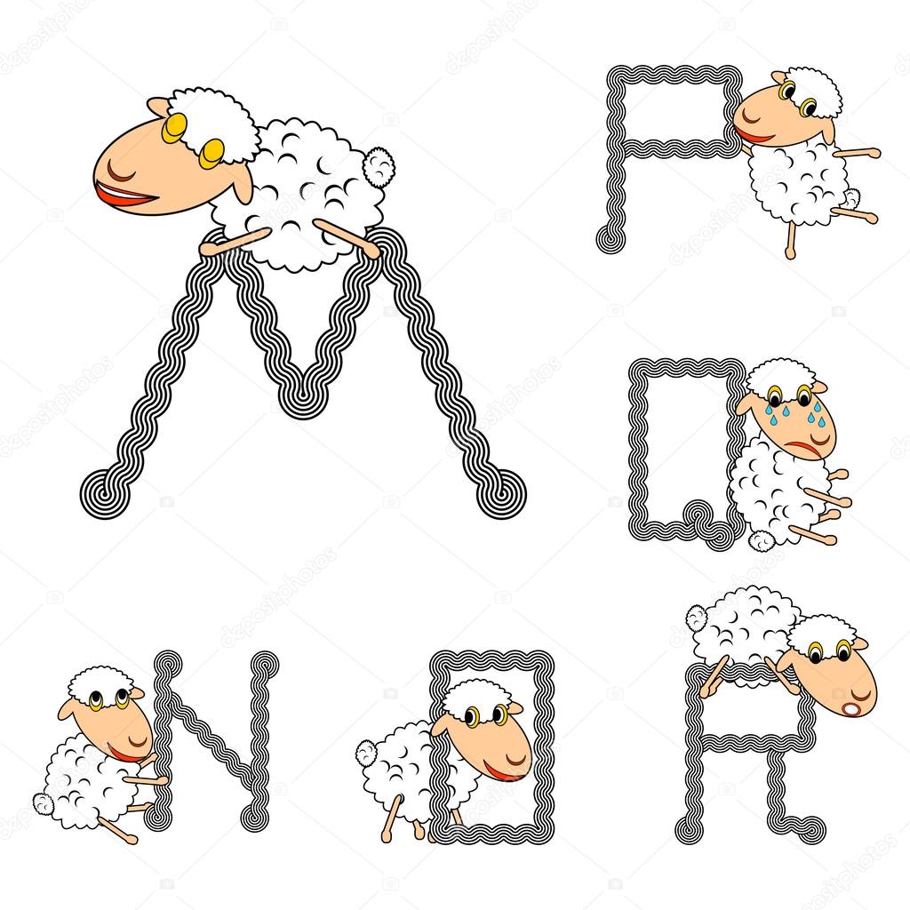 Design ABC with funny cartoon sheep. Letters from M to R