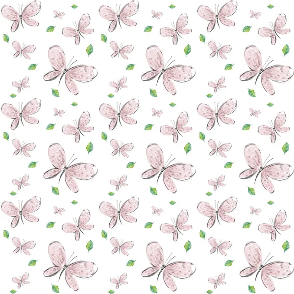 Fondo Decorativo Estilo Romntico Con Mariposas Rosas Hojas Verdes — Zdjęcie stockowe