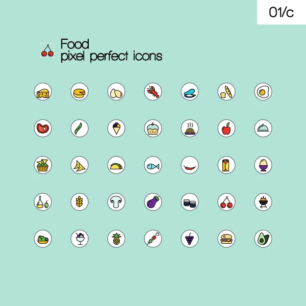 Comida vector píxel línea de color perfecta iconos línea icono conjunto . — Archivo Imágenes Vectoriales